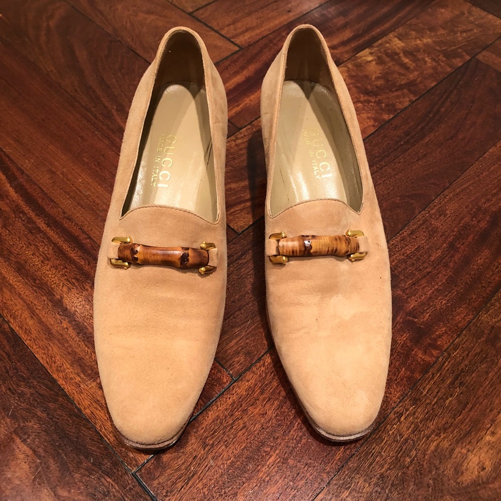 pale peach Gucci suede loafers with bamboo bit